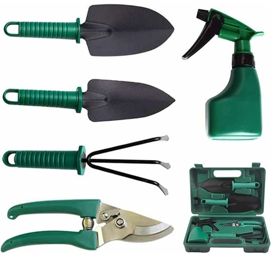 5-delige roestvrijstalen tuingereedschapset: snoeischaar, schep, kleine schep, handhark, gieter, gereedschapskist; geschikt voor zowel mannelijke als vrouwelijke tuiniers. van Merkloos	
