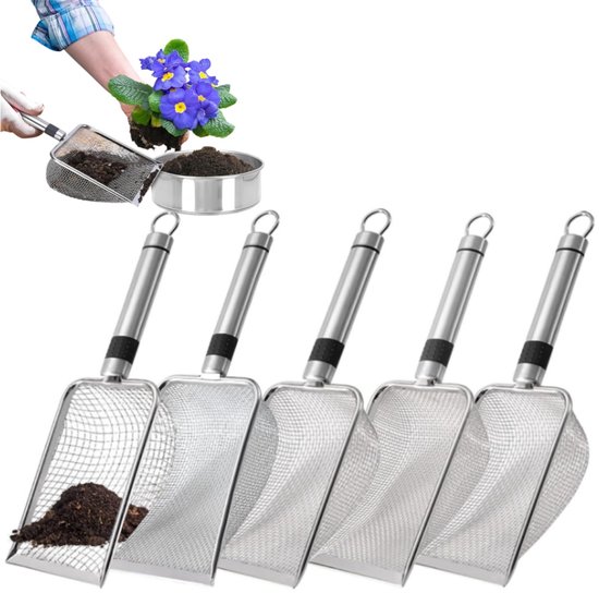 5-delige set – Tuinzeef met handvat – Verschillende maaswijdtes – Zeef voor grond/zand & grindscheider – 28,5 x 10 x 5 cm – Voor het zeven van grond, zand en grind; ideaal voor het opkweken van zaailingen en plantwerkzaamheden – Zilverkleurig
