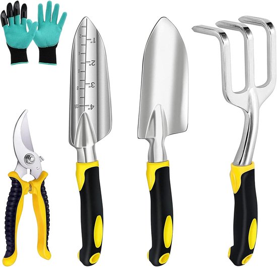 5-delige Tuin Gereedschapset Aluminium - Incl. Schep, Hark, Snoeischaar en Handschoenen