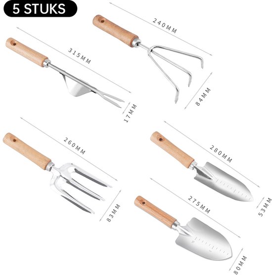 5-delige Tuingereedschap Set - RVS & Houten Handvatten - Schopje, Hark, Plantschep & Meer - Ideaal voor Elke Tuinier van Merkloos	