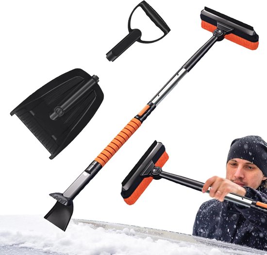 5-in-1 set met sneeuwschep, sneeuwploeg en sneeuwbezem | Draagbare, opvouwbare sneeuwbezem met intrekbare ergonomische steel, grote, robuuste metalen sneeuwschep, geschikt voor auto's, sneeuwscooters en kamperen.