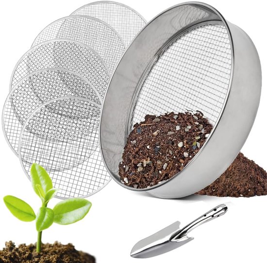 5 In 1 Tuinzeef Ø20cm - Grondzeef, Compostzeef, Zandzeef - Zeef met Verwisselbare Netten - Inclusief 5 Roosters (3,6,9,10,12 mm) en 1x Tuinschepje - Tuinzeef RVS - Multifunctionele Zeef voor Zand, Steentjes en Aarde - Handmatige Bodemzeef - Rond van Merkloos	