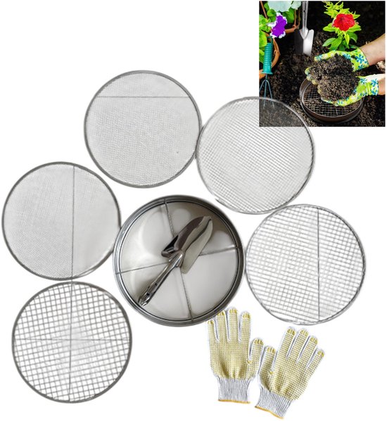 5-in-1 Tuinzeef Set - 30 cm Rond Metaal Zeef met 5 Verwisselbare Zeefinserts - Inclusief Gardenschop en Handschoenen - Voor Aarde, Compost en Zand