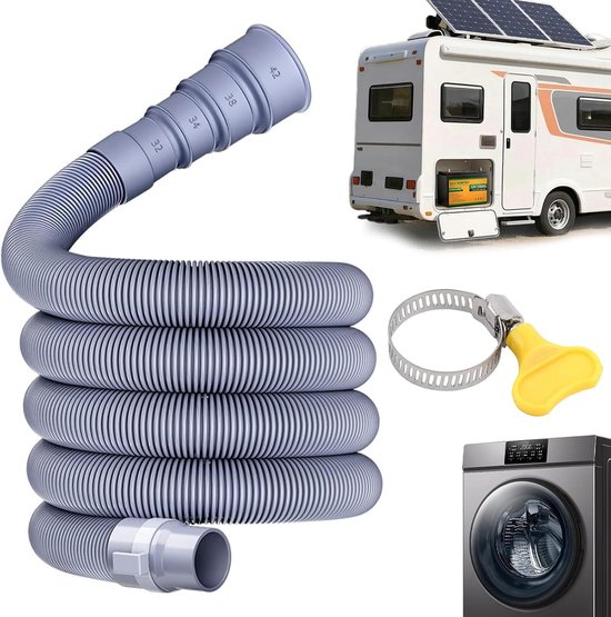 5 m afvoerslang caravan / wasmachine met verstelbare adapter | Inklapbare afvoerslang wasmachine, lekvrije slang, grijswaterslang, camper, caravan en aanhanger