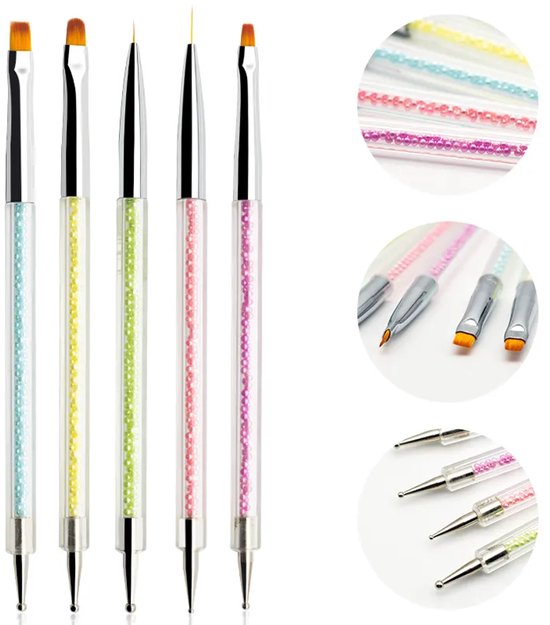 5 nagelborstels, dubbelzijdige manicure dotting tool voor nail art, nagellinerborstels, schilder-, dotting- en tekenpennen voor thuis, doe-het-zelf en de schoonheidssalon. van Merkloos	