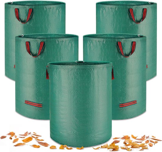5-pack Tuinafvalzak - 272L Grote Capaciteit - Stevig & Scheurvast PP-Gewebe - Waterdicht & Weerbestendig - Opvouwbaar voor Ruimtebesparing