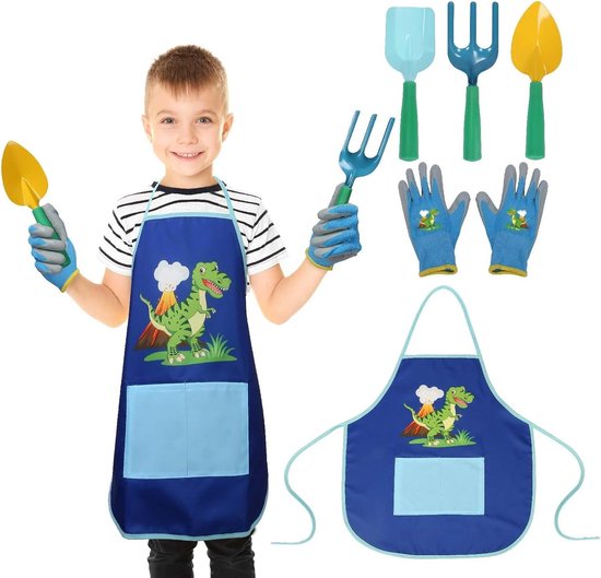 5-Piece Children's Dinosaur Garden Set with Apron Gloves and Shovel - Outdoor Beach Toys for Gardening Aid