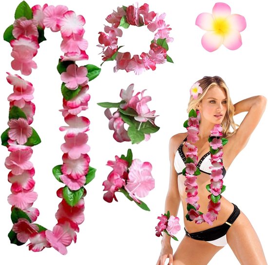 5 Pieces Hawaiian Flower Necklaces - Flower Necklace - Hair Band - Bracelets - Hairpin - Party Costume Accessories - Flower Necklace for Carnival - Summer - Cheerleading - Beach Decor van Merkloos	