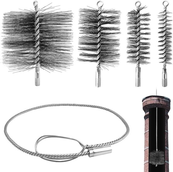 5 stuks kachelbuisborstelset, schoorsteenveegborstel van staaldraad, schoorsteenbezem met 1 m buigbare duwstang, haardborstel, bevat borstels in de maten 30 mm, 50 mm, 80 mm en 150 mm