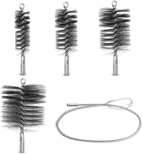 5 stuks kachelbuisborstelset voor schoorsteenreiniging en ketelreiniging, bevat borstels in de maten 30 mm, 50 mm, 80 mm en 150 mm voor het reinigen van pijpen en schoorsteen