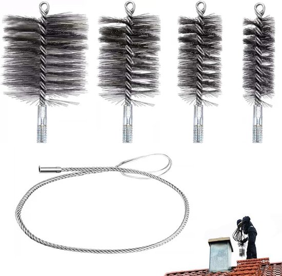 5 stuks kachelpijpborstelset, ketelborstel schoorsteenveger borstel bevat borstels in de maten 30 mm, 50 mm, 80 mm en 150 mm met 1 m staaldraad voor het reinigen van schoorsteen, open haard