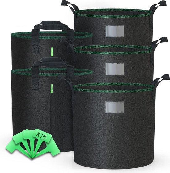 5 stuks plantenzakken 65L van vliesstof, plantenzakken met plantenbordjes voor etikettering, plantenzakken voor groenten en planten, zwart van WATLON
