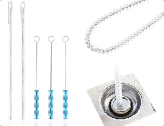 5 stuks reinigingsborstelset, afvalwaterkanalen, afvoerborstel, flexibele afvoerreiniger met haken, badkamergadgets, te gebruiken voor keuken, badkuipen, voertuigen, meubels