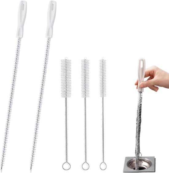 5 stuks rioolafvoerreinigingsborstel, met 2 afvoerontstopper van 45 cm en 3 buisborstels voor het verwijderen van leidingen en slangen, afvoergereedschap voor badkamer, keuken