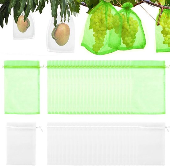 50 stuks fruitbeschermingszakken - druivennetzakken met trekkoord - plant fruit beschermtas - tuin fruit hoes - gaaszak - herbruikbare fruitnetzakken voor fruitbomen (wit + fruitgroen) van Merkloos	