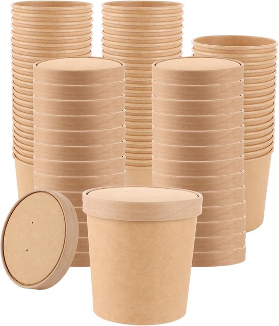 50 stuks soepbekers To Go karton met deksel - kartonnen bekers voor soep - wegwerpbekers met deksel - 780 ml - bruin - ijsbeker - karton voor salade en dessert van Merkloos	