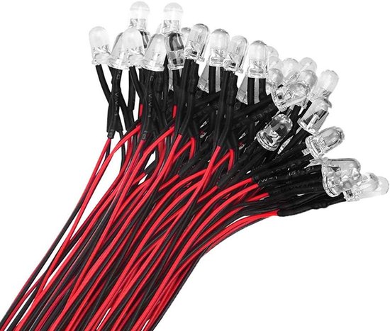 50 Stuks Voorbedrade LED - 5mm LED Diode Lamp - 12V Voorbedraad Licht - Rood verlichting van Merkloos	