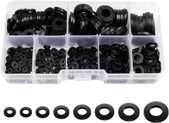 500 stuks, sluitringen, zwart, nylon, afstandshulzen, 8 maten, platte sluitringen met antislipfunctie, fitsringen, kamerdeuren met M2, M2,5, M3, M4, M5, M6, M8, M10 (zwart)