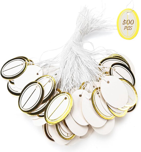 500pcs Papier Prijslabels met Touw - Sieraden Prijslabels voor Retail - Merken Tags met Elastisch Touw (Goud, Elliptisch) van Merkloos	