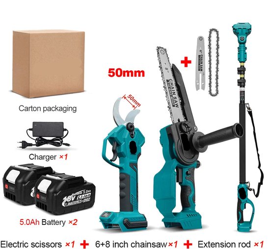 50mm Snoeischaar - Takkenschaar - Tuingereedschap - Snoeizaag - Borstelloos & Draadloos - Efficiënte Elektrische Pruner voor Bomen & Bonsai – met 2x5.0Ah Batterij - Inclusief 6 + 8inch Kettingzaag - Takkenzaag - Handzaag van Merkloos	