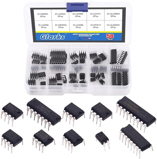 50Pcs 10 Kinds Chip IC Chips Assortment Kit - opamp - Single Precision Timer - pwm - Inclusief LM324 LM358 LM386 LM393 UA741 NE5532 NE555 PC817 ULN2003 ULN2803 van Merkloos	