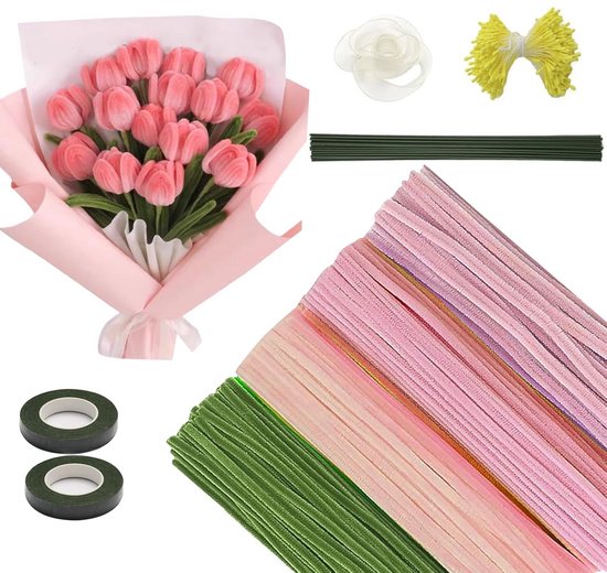 523 stuks roze tulp pijpenrager bloemen set - complete set met draad, lint, tape en meeldraden voor knutselen van Merkloos	