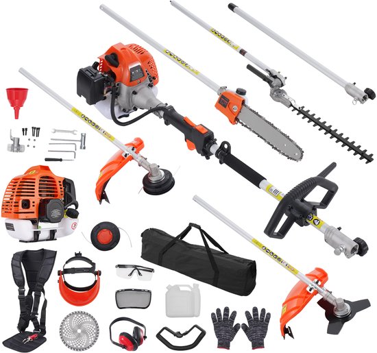 52cc 6-In-1 Snoeigereedschap met Benzinemotor, Heggenschaar, Onkruidsteker, Bosmaaier, Kantensnijder, Paalsnoeier En Kettingzaag-Takkenschaar met Verlengstok van Merkloos	