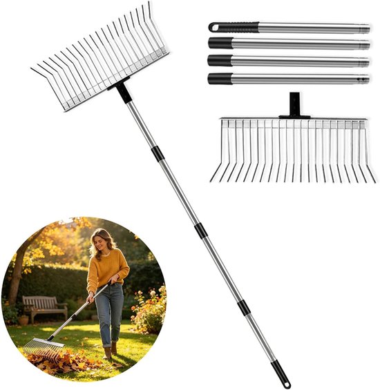 53-160 cm, verstelbare bladhark, gazonhark, 21 tanden, metalen rekenkop, 40 cm breed, tuinhark voor het losmaken van grond en nivelleren van gazon, bladbezem, gazonhark, hooihark