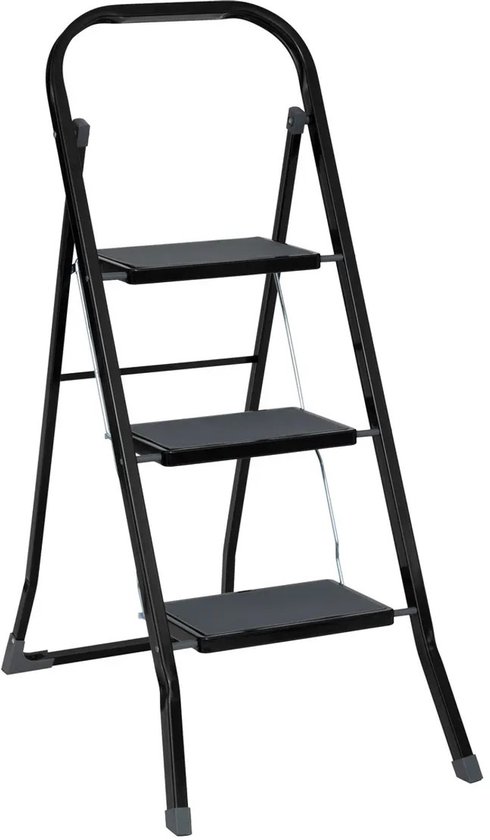 5Five Huishoudtrapje - inklapbaar - met 3 treden - metaal - Lengte 105 cm - opstap trapje - zwart - Hoge kwaliteit trapjes van Merkloos	