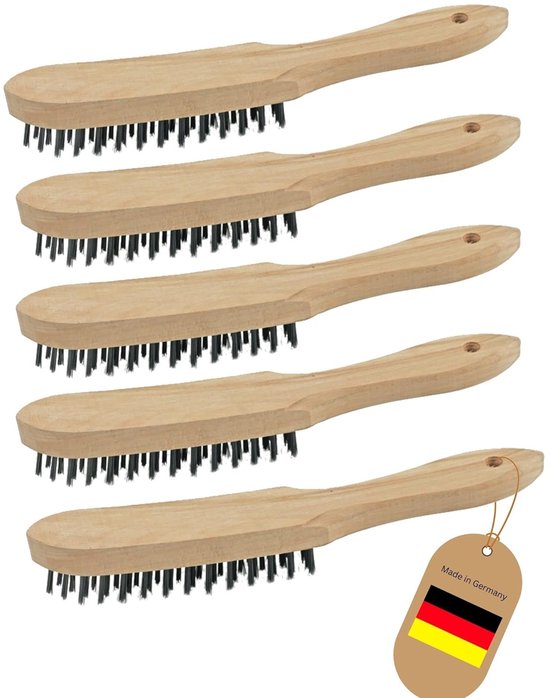 5x staalborstels I 4-rijen I 27 cm lang I met houten handvat I remklauwborstels grillborstels krasborstels metaalborstels handstaalborstelset voegenborstel onkruidborstel van Merkloos	