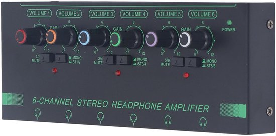6 Channel Headphone Amplifier, Portable Mono Stereo Audio Amplifier with Power Adapter, Ultra Compact Mini Earphone Splitter with 6 X 3.5 Mm Headphone Jacks and 6 van Merkloos	