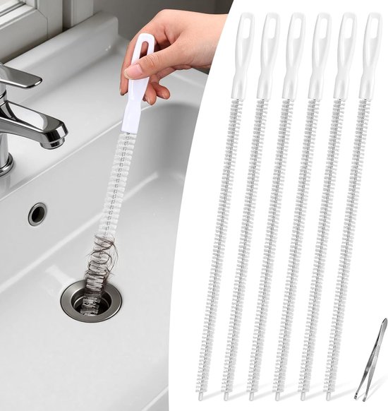 6-delige Afvoerreiniger Borstel, Afvoerborstel voor de Gootsteen van 45 cm met Pincet, Flexibele Gootsteen Ontstopper Borstels, Afvoerontstopper Tool, Afvoer Slang voor Keuken