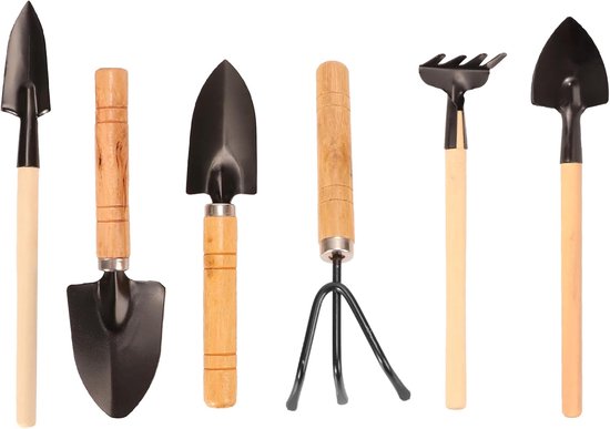 6-delige set met miniatuurtuingereedschap - De set bevat een schepje, harkje en klauwtje voor planten, wieden en grondbewerking - Roestvrij staal met houten handvatten - Ideaal voor balkons, moestuinen en als cadeau voor beginnende tuiniers van Merkloos	