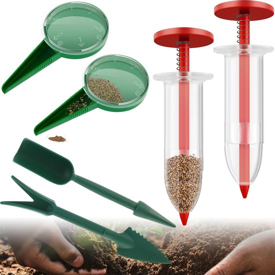 6-delige set mini-zaadstrooiers – Zaaddispensers met 5 standen, zaaihulp, plantgereedschap voor kleine zaden, handmatige plantstokjes en uitplantvorkjes – Handstrooiers voor zeer fijne zaden (Rood) van Merkloos	