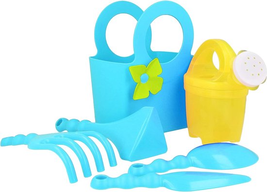6-delige tuingereedschapset voor kinderen - kindertuingereedschap - gieter, schoffel, schop, troffel, hark, draagtas (blauw Geel) van Baobë