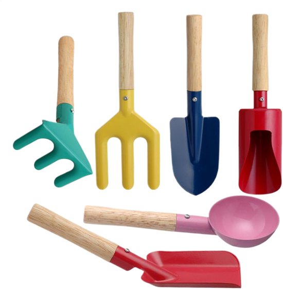 6-delige tuingereedschapset voor kinderen – tuingereedschap — schep - Graven en spelen in de buitenlucht – 5 x 20 cm – Meerkleurig – Metaal van Merkloos	