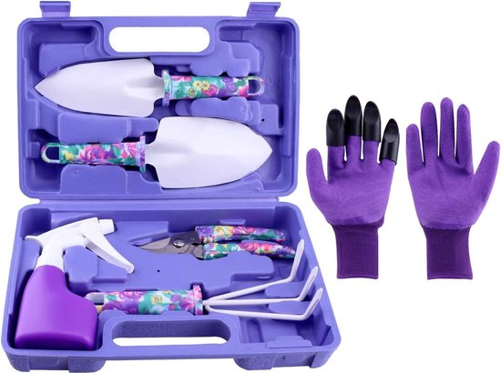 6-delige tuingereedschapsset, tuinwerkset met ergonomische greep en paarse bloemenprint, plantengereedschapsset voor tuinliefhebbers in de open lucht van Merkloos	