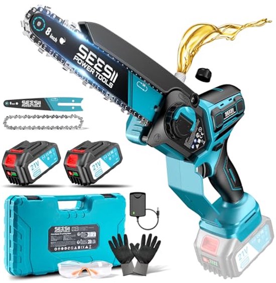 6 en 8 Inch Mini Kettingzaag - 1000 W Borstelloze Accuzaag met 2 Accu's - Automatische Kettingsmering en Gereedschapsloze Kettingspanning van VONROC