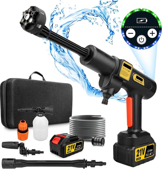 6-in-1 Accuhogedrukreiniger - Hogedrukspuit - Draagbare Terrasreiniger - 180° Draaibare Sproeikop - Krachtige Borstelloze Motor - 5M Slang - 2 x 3.0 Ah & Oplader - voor Auto - Tuin - Huisdier - Terras - Reiniging - Zwart van Merkloos	