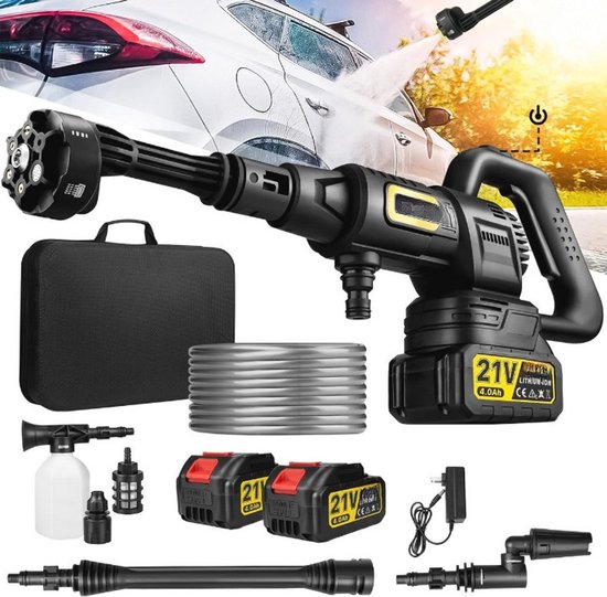 6-in-1 Accuhogedrukreiniger - Hogedrukspuit - Draagbare Terrasreiniger - Elektrische Straalsproeierpistoolkit - Krachtige Borstelloze Motor - 2x 4.0 Ah & Oplader - voor Auto - Tuin - Huisdier - Terras - Reiniging - Zwart van VONROC