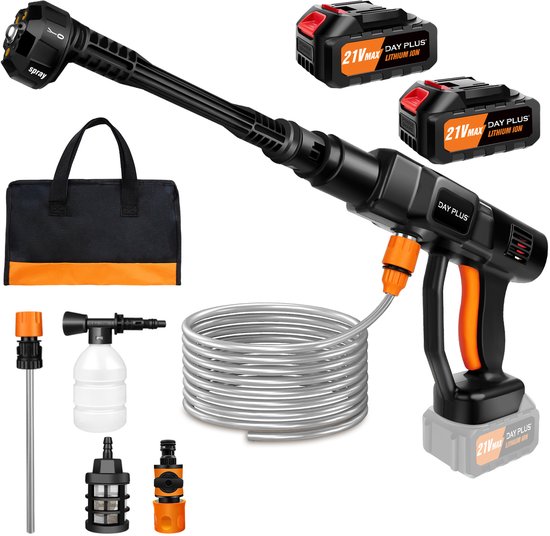 6-in-1 Krachtige Draadloze Hogedrukreiniger 21V - Ideaal voor Auto Wassen, Tuinmeubels en Terrassen - Met 2 Lithium Accu's - Schuimfles & 5m Slang