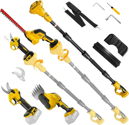6-in-1 telescopische heggenschaar en takkenschaar, accu voor DeWalt 20 V batterijen (zonder accu), draaibare staaf, borstelloze motor voor grasschaar, takkensnijder voor tuin, bomen, struiken