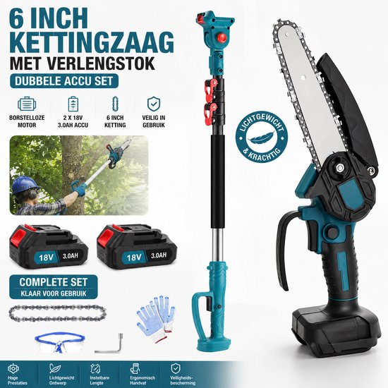 6 inch snoerloze kettingzaag met verlengsteel set – borstelloze mini kettingzaag 18V accu, elektrische snoeizaag, boomzaag, tuinzaag voor hout snoeien en boomtakken – complete accessoire kit