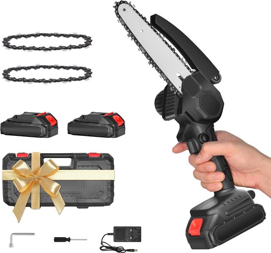 6" Mini-kettingzaag met 2 Oplaadbare Accu's en 2 Kettingen - Handige Accukettingzaag voor Snel Snoeien en Houtzagen van FervorFOX