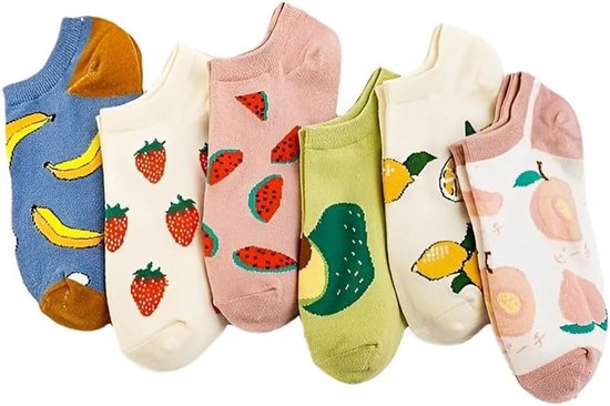 6 Pairs of Funny Sneaker Socks for Women and Girls - Fruit Print - Casual Cotton Socks - Multi-Colour - Short van Merkloos	