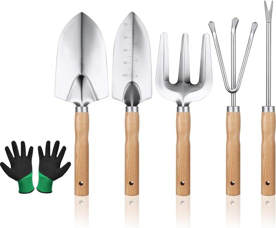 6 Pieces Garden Tools Set with Ergonomic Handles - Wide Spop Pointed Spade Carrot Picker Rake Three-Finger Fork and Gloves van Merkloos	