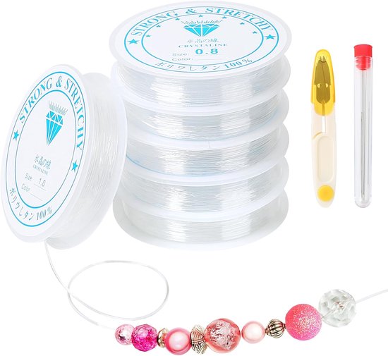 6 Rolls Elastisch Sieradendraad - 0,4mm-1,0mm Transparant Rubberdraad - Armbandelastiek Nylon Koord met 1 Schaar en 4 Kralennaalden voor Kralensieraden en Knutselen van Merkloos	