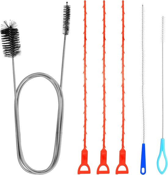6 Stuks Afvoerreiniger Spirale, Lange Buizenborstel, Dubbelkopige RVS Buizenreiniger, Flexibele Slangborstel voor Keuken, Wastafel, Douche en Afvoer