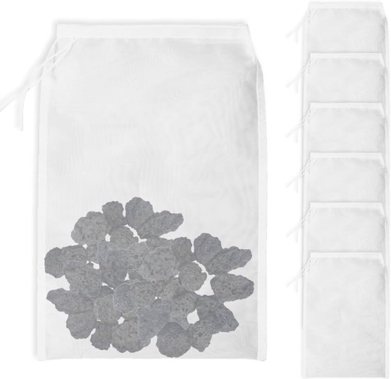 6 stuks aquariumfilterzakken 150 micron - filterzak aquarium 15 x 20 cm - nylon filterzak klein - fijnmazen filterzak met trekkoord - voor aquariumballen - actieve kool - pelletkool (wit) van Merkloos	
