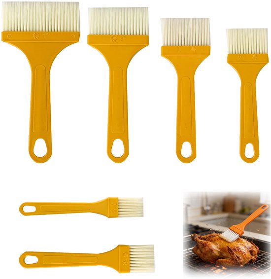 6 stuks grillborstels, 9/7,1/6/5,2/3,1/2,3 cm, keukenborstel met kunststof handvat, bakborstels voor grillen, bakken, cakes